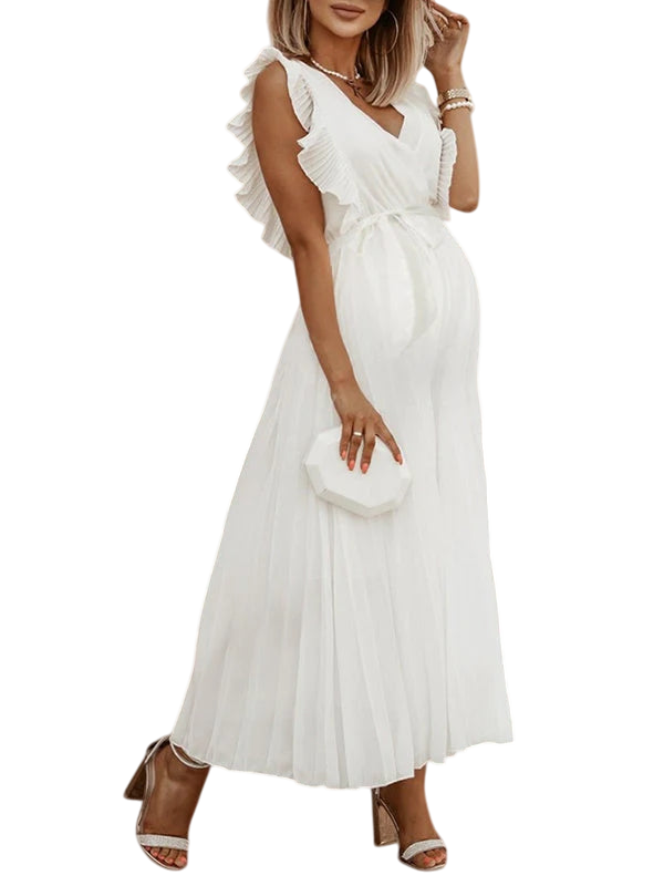 Floriane - Robe Élégante Décolleté V Manches Volants Jupe Plissée - Blanche / S