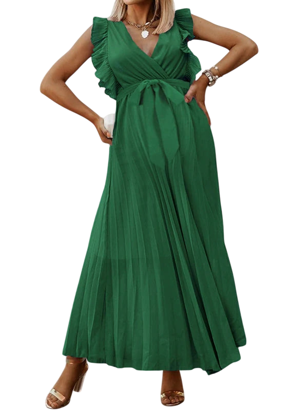 Floriane - Robe Élégante Décolleté V Manches Volants Jupe Plissée - Vert / S