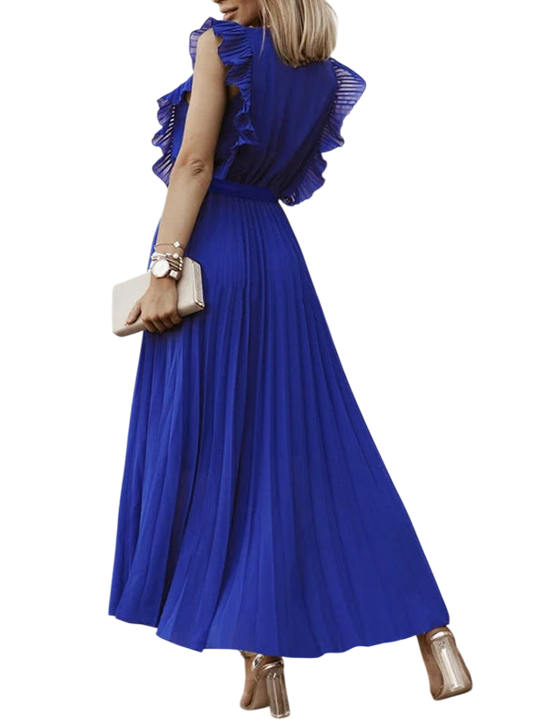 Floriane - Robe Élégante Décolleté V Manches Volants Jupe Plissée - Bleu / S