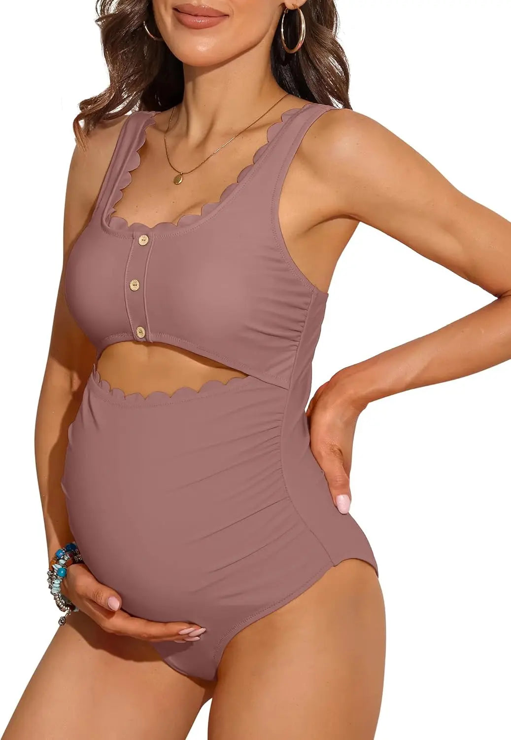 Maillot de Bain Maternité 1 Pièce - Col U Tissu Élastique & Boutons Décoratifs pour Confort Optimal