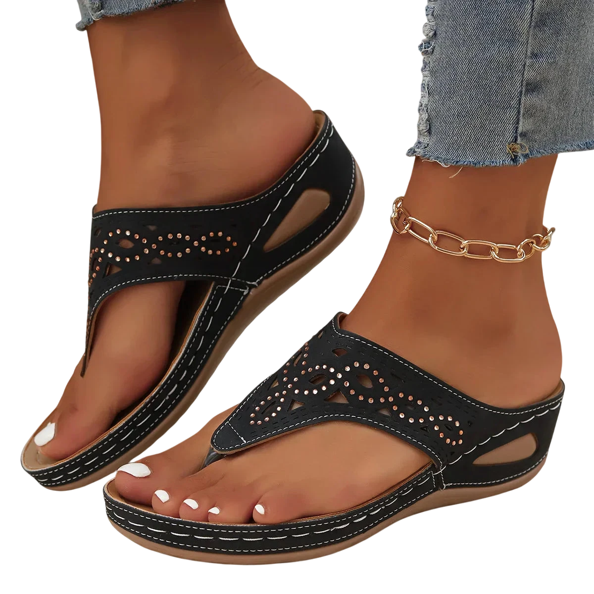 Sandales femme style tongs bride perforée semelle surélevée design épuré - noir / 36