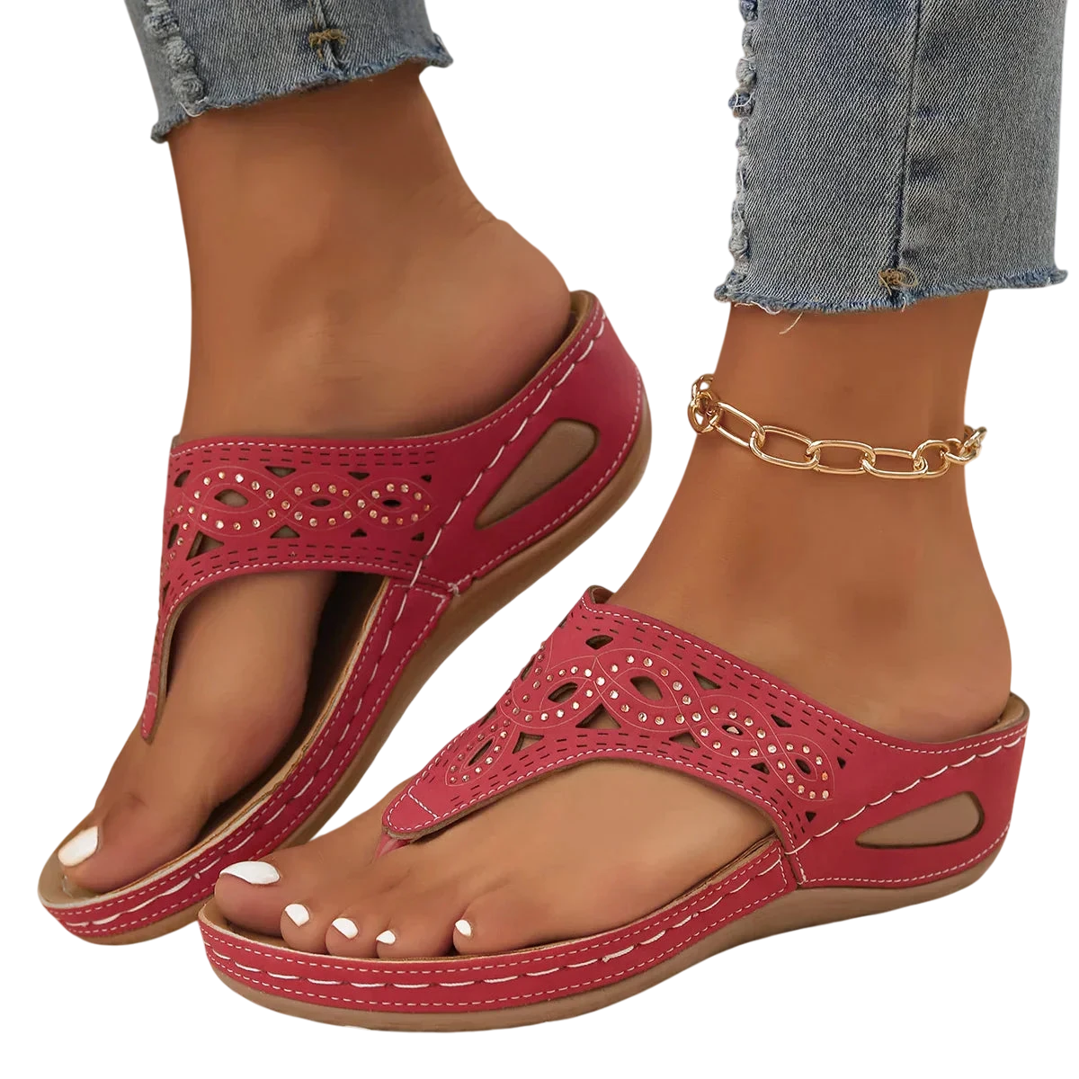 Sandales femme style tongs bride perforée semelle surélevée design épuré - Rouge / 36