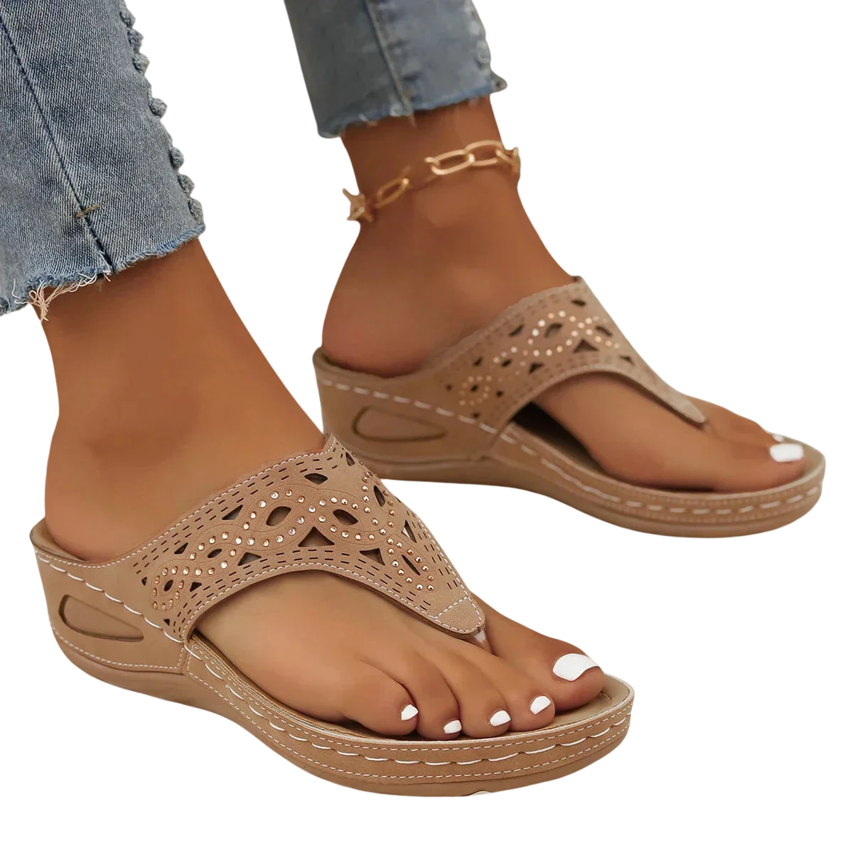 Sandales femme style tongs bride perforée semelle surélevée design épuré - Brun / 36