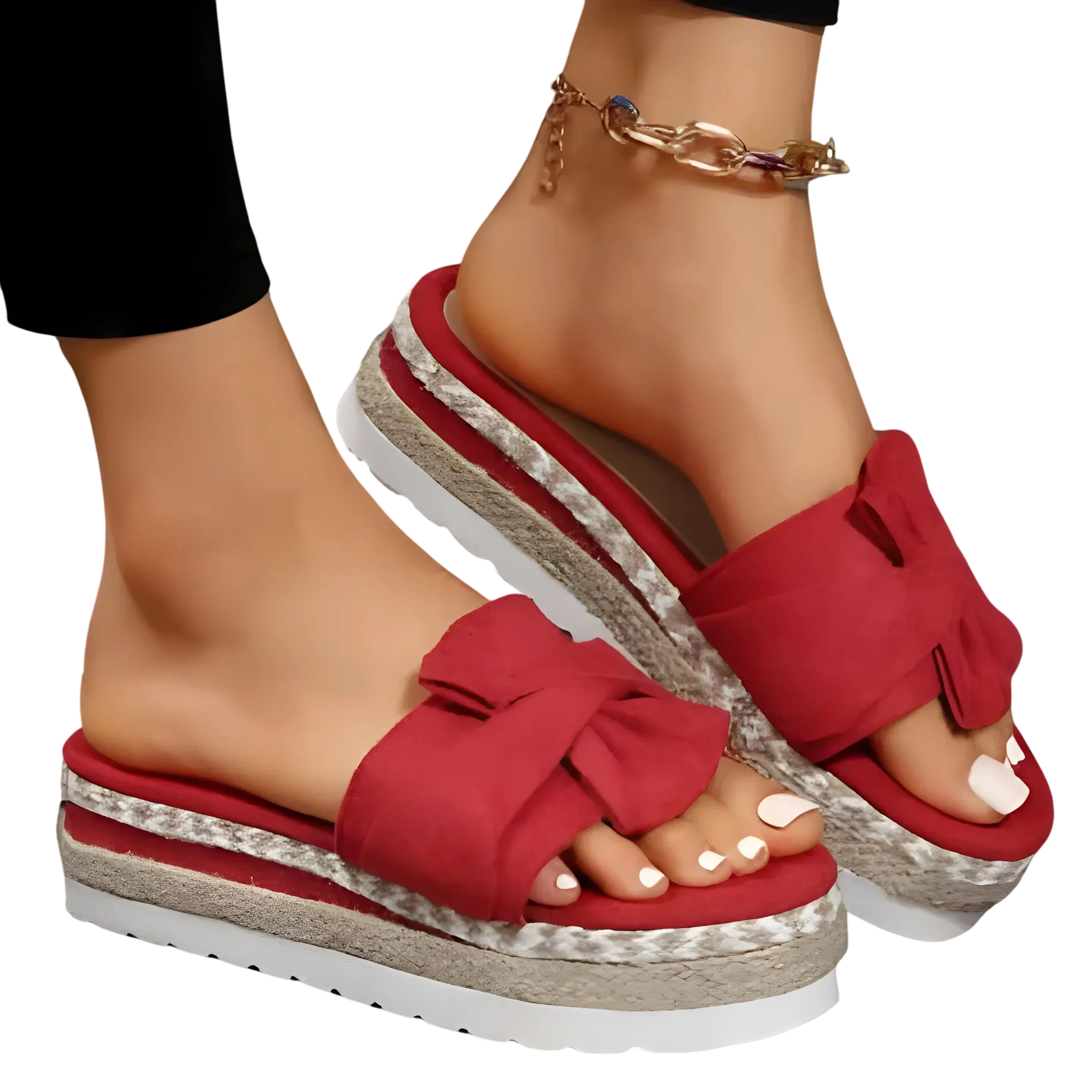 Sandales rouges à plateforme avec un nœud et des semelles rayées de type espadrille.