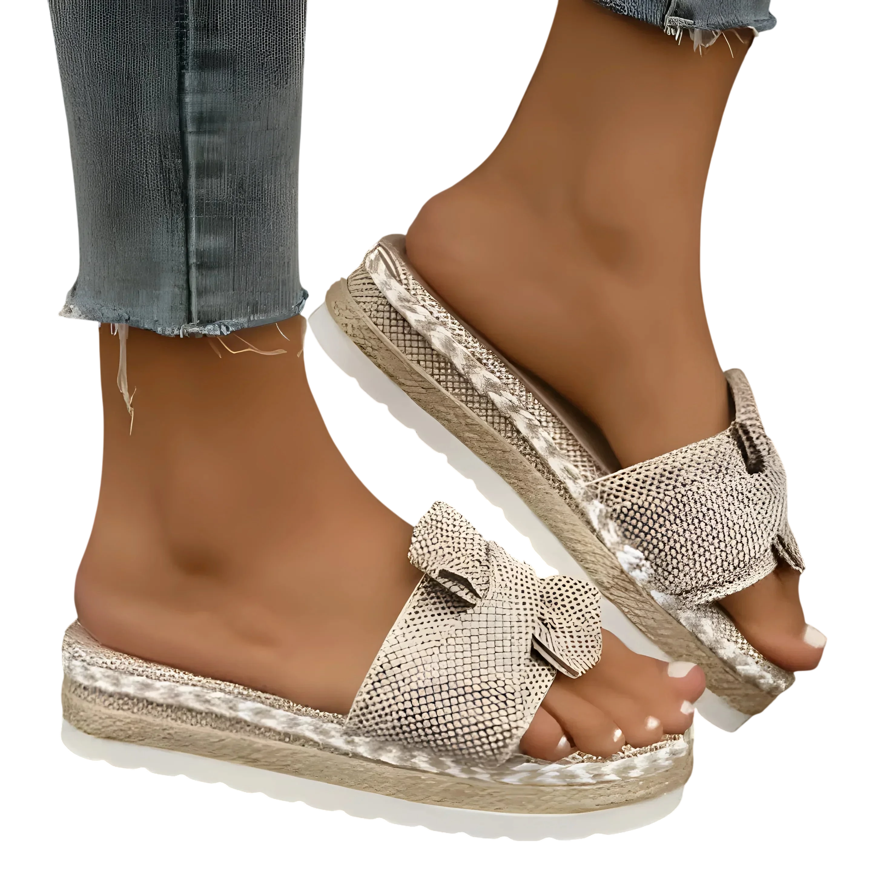 Sandales beige à enfiler, avec un nœud et une semelle compensée tressée.