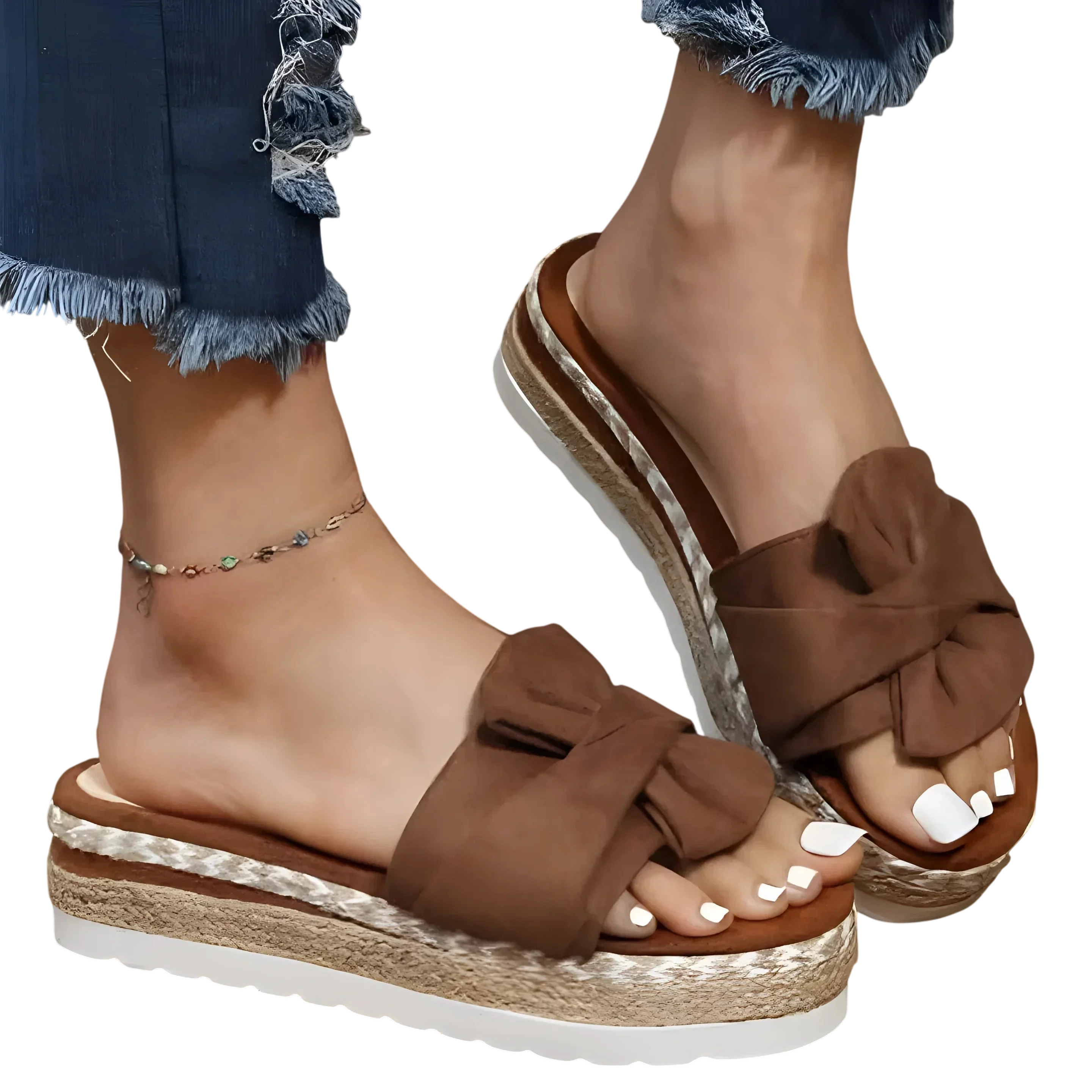 Sandales à plateforme en daim marron avec un nœud et des semelles de type espadrille.