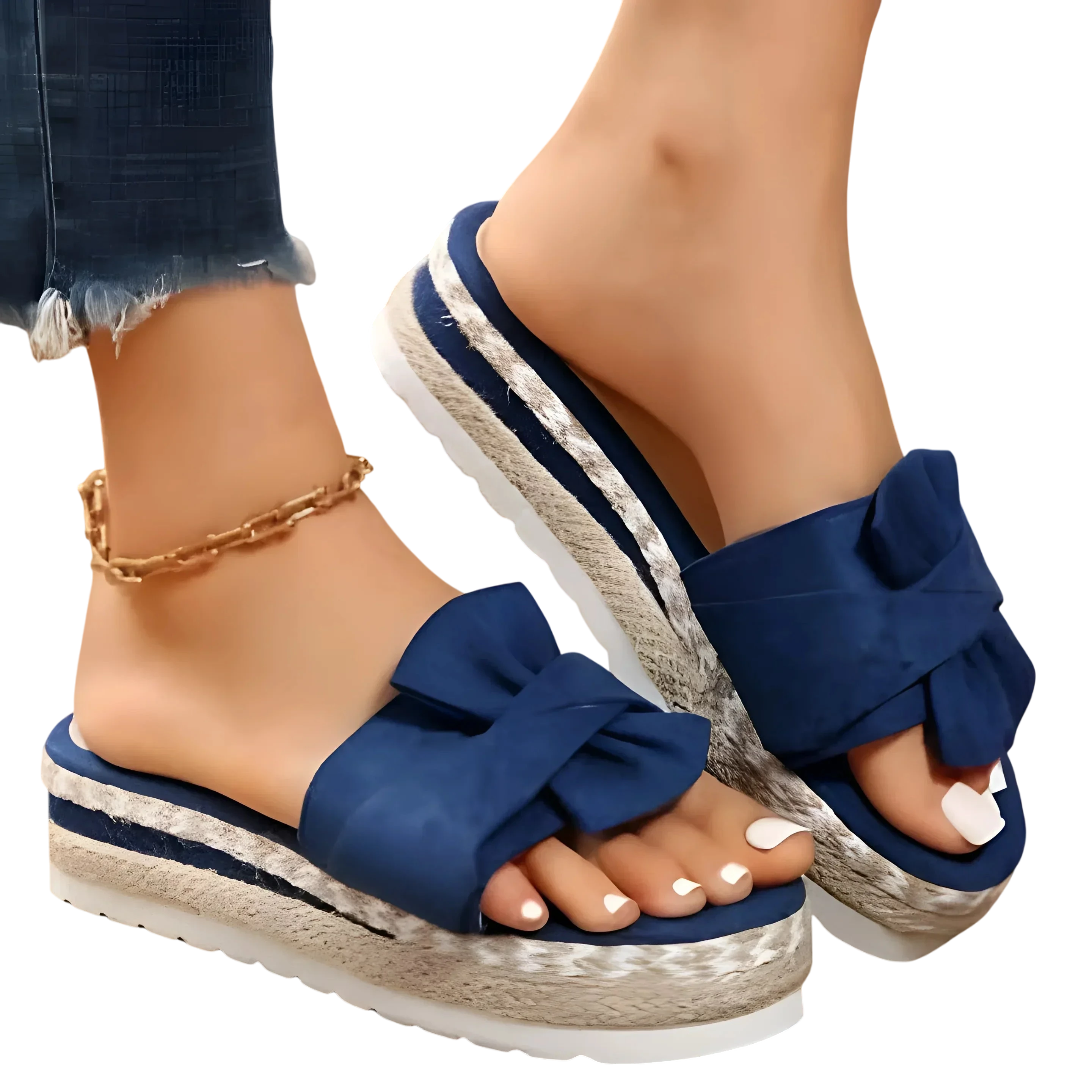 Sandales à plateforme bleu marine avec un nœud et des semelles de type espadrille.