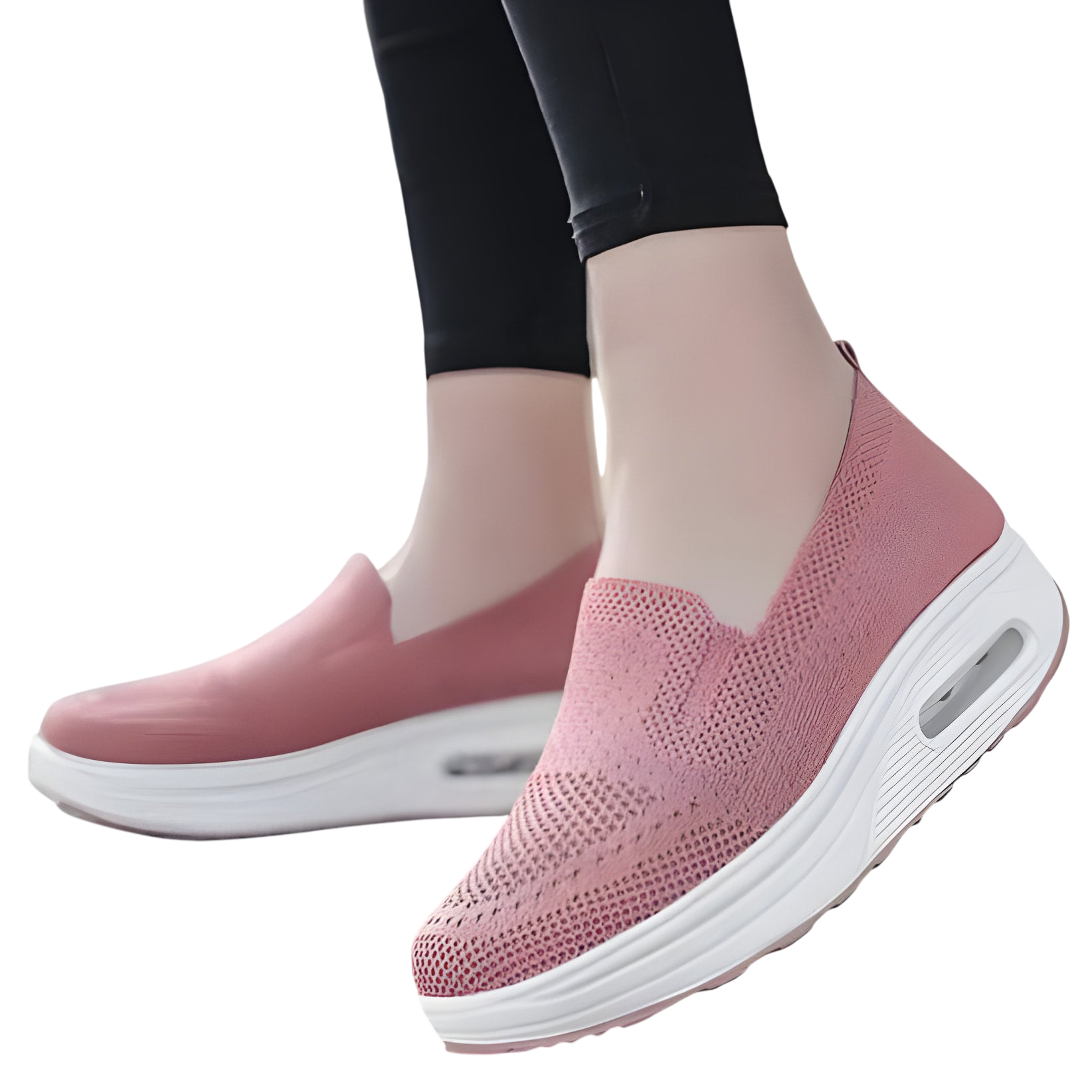 Baskets roses à enfiler, avec une tige en tricot respirant et une épaisse semelle blanche.