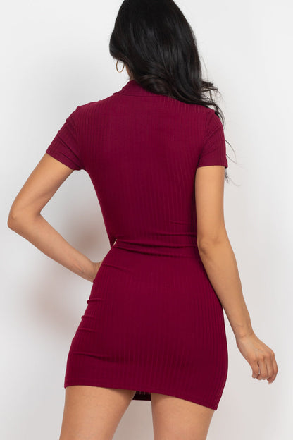 Casual Ribbed Mock Neck Short Sleeve Bodycon Dress