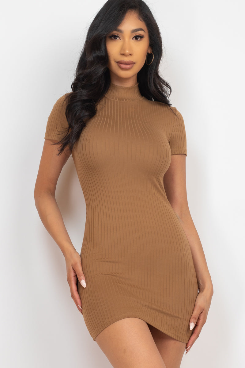 Casual Ribbed Mock Neck Short Sleeve Bodycon Dress