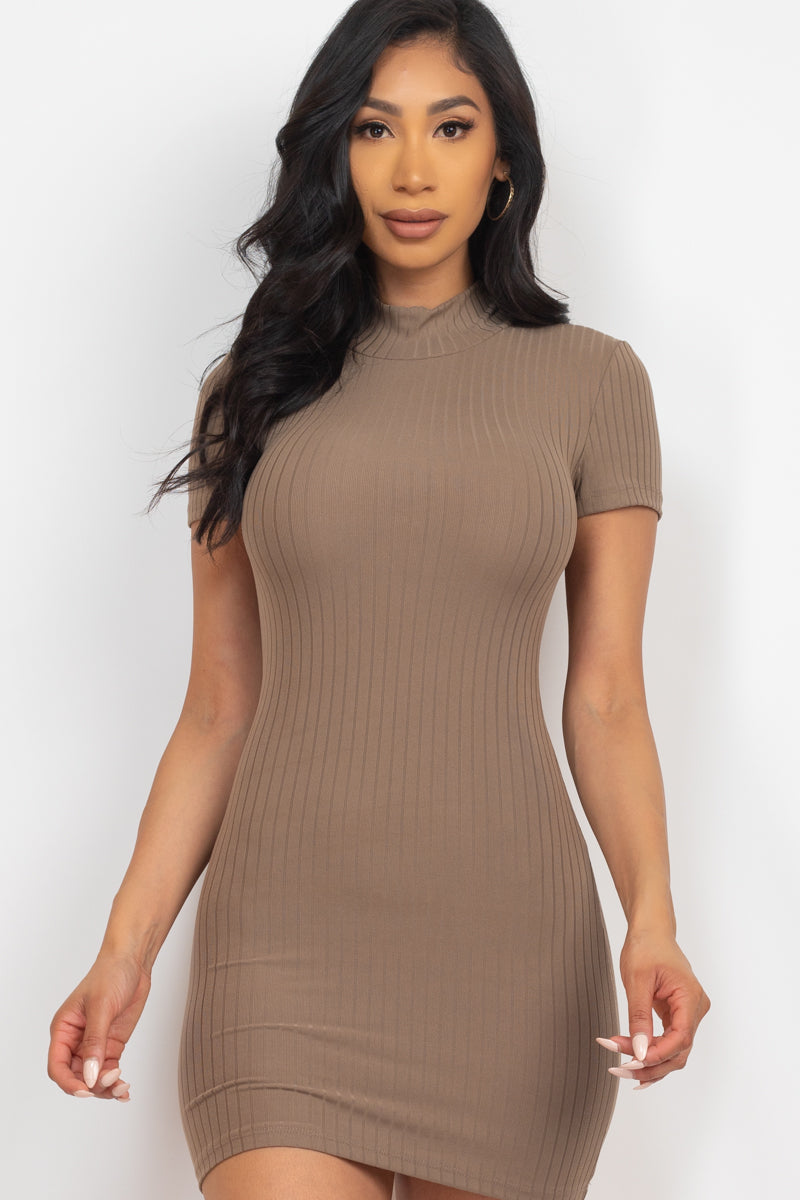 Casual Ribbed Mock Neck Short Sleeve Bodycon Dress