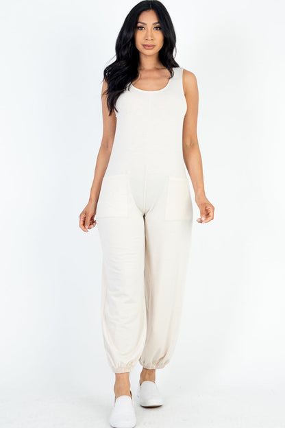 Casual Solid French Terry Sleeveless Scoop Neck Front Pocket Jumpsuit