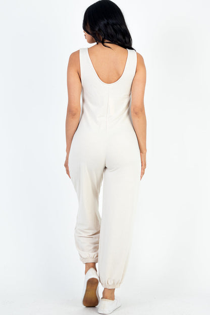 Casual Solid French Terry Sleeveless Scoop Neck Front Pocket Jumpsuit