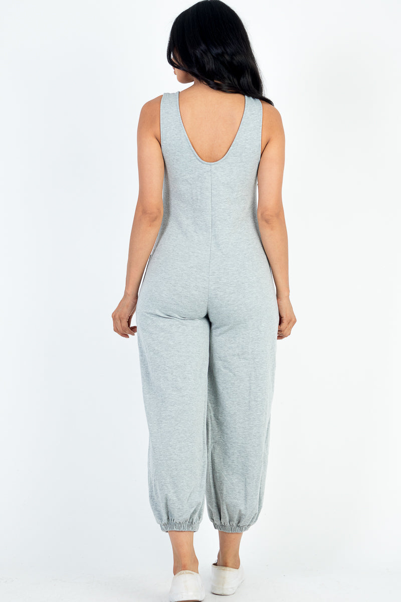 Casual Solid French Terry Sleeveless Scoop Neck Front Pocket Jumpsuit