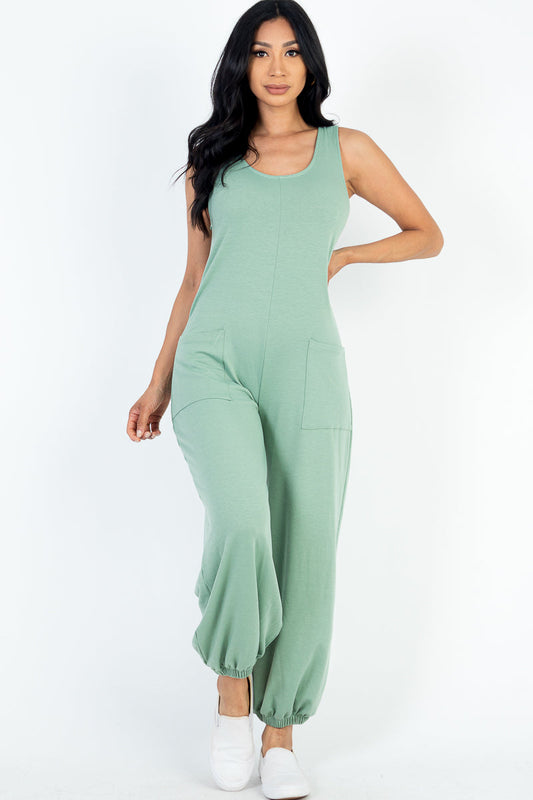 Casual Solid French Terry Sleeveless Scoop Neck Front Pocket Jumpsuit