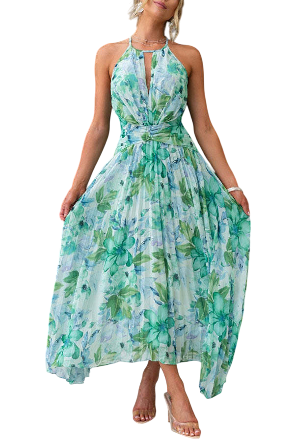 Elara - Robe Femme Motif Floral Aquarellé Col Licou Sans Manches Découpe Buste Drapée
