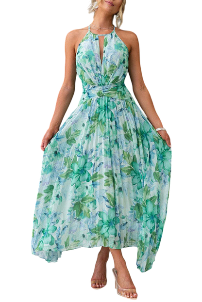 Elara - Robe Femme Motif Floral Aquarellé Col Licou Sans Manches Découpe Buste Drapée