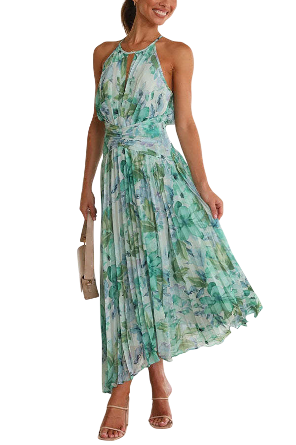 Elara - Robe Femme Motif Floral Aquarellé Col Licou Sans Manches Découpe Buste Drapée - S / Vert