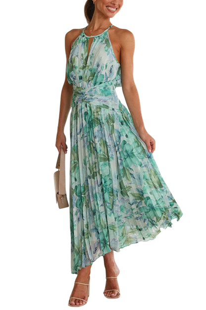 Elara - Robe Femme Motif Floral Aquarellé Col Licou Sans Manches Découpe Buste Drapée - S / Vert