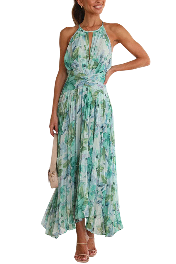 Elara - Robe Femme Motif Floral Aquarellé Col Licou Sans Manches Découpe Buste Drapée