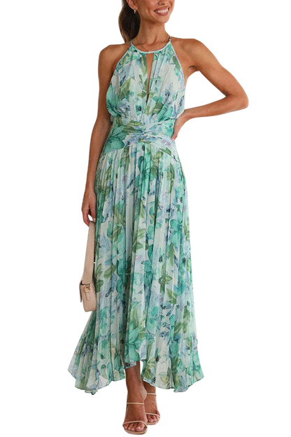 Elara - Robe Femme Motif Floral Aquarellé Col Licou Sans Manches Découpe Buste Drapée