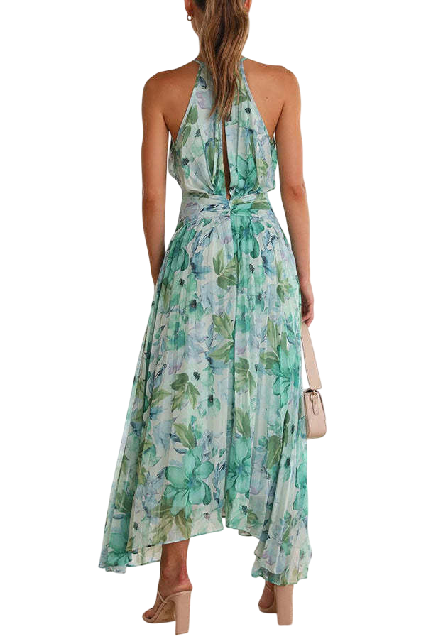 Elara - Robe Femme Motif Floral Aquarellé Col Licou Sans Manches Découpe Buste Drapée