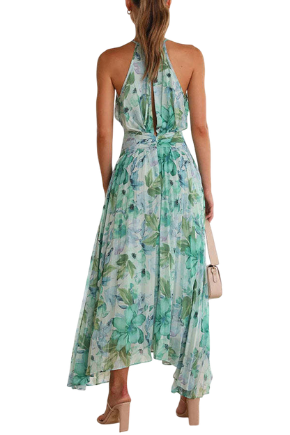 Elara - Robe Femme Motif Floral Aquarellé Col Licou Sans Manches Découpe Buste Drapée
