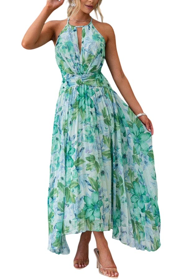 Elara - Robe Femme Motif Floral Aquarellé Col Licou Sans Manches Découpe Buste Drapée