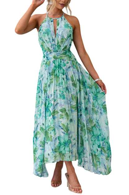 Elara - Robe Femme Motif Floral Aquarellé Col Licou Sans Manches Découpe Buste Drapée