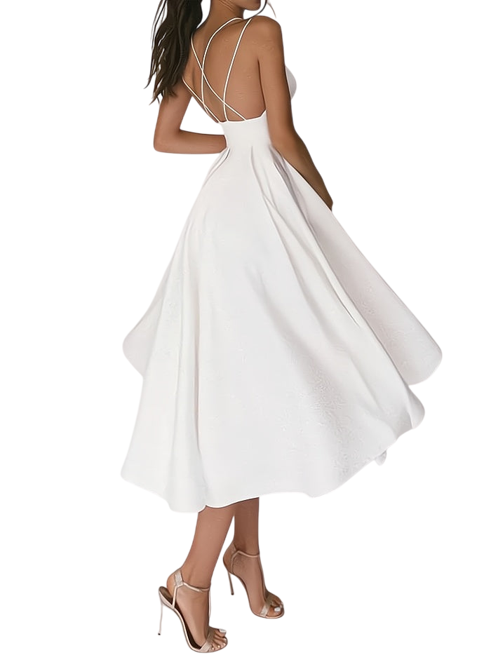 Fleur de Lune - Robe Mi-Longue Évasée Dos Nu à Bretelles Croisées - Blanc / S