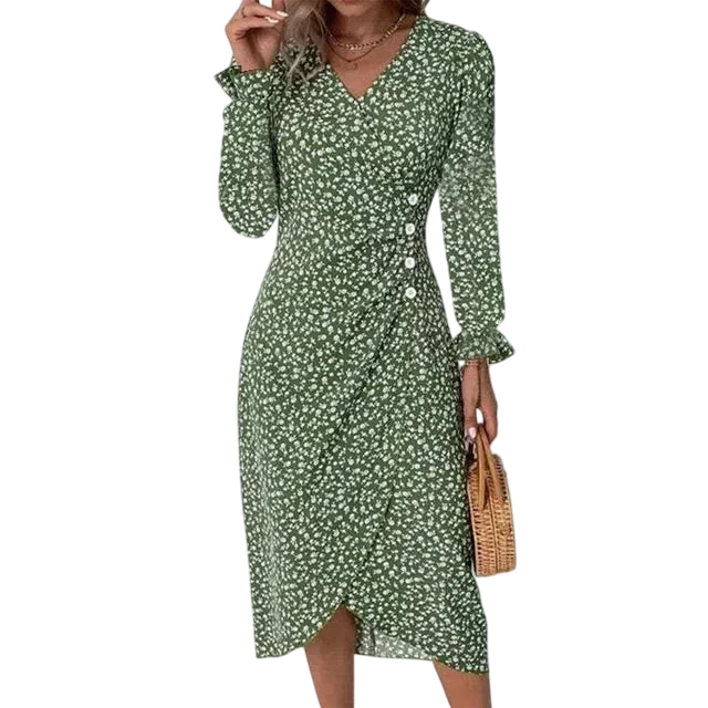 Fleur d’Été - Robe Midi Imprimée à Manches Longues et Jupe Portefeuille