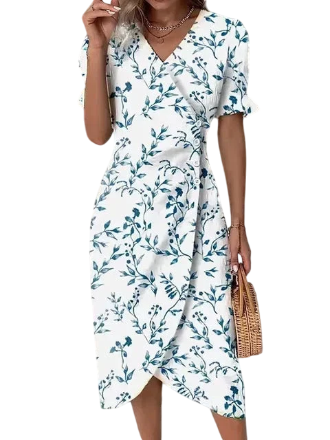Fleur d’Été - Robe Midi Imprimée à Volants et Jupe Portefeuille