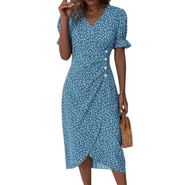 Fleur d’Été - Robe Midi Imprimée à Volants et Jupe Portefeuille - Bleu / S