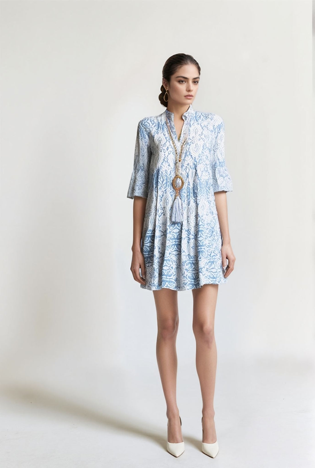 Héloïse - Robe Mi-Longue à Motif Baroque Bleue - S / Bleue