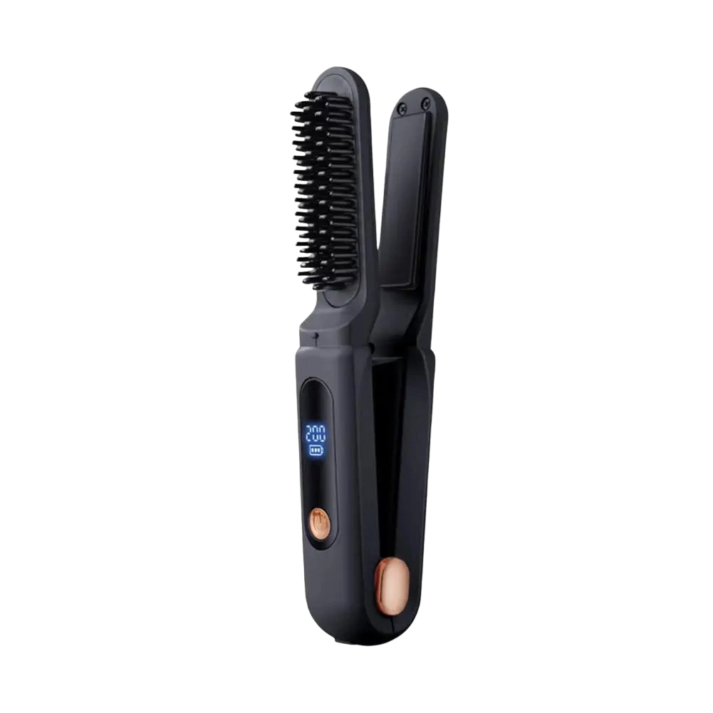Lisseur cheveux sans fil 2-en-1 avec brosse et écran température réglable - Noir