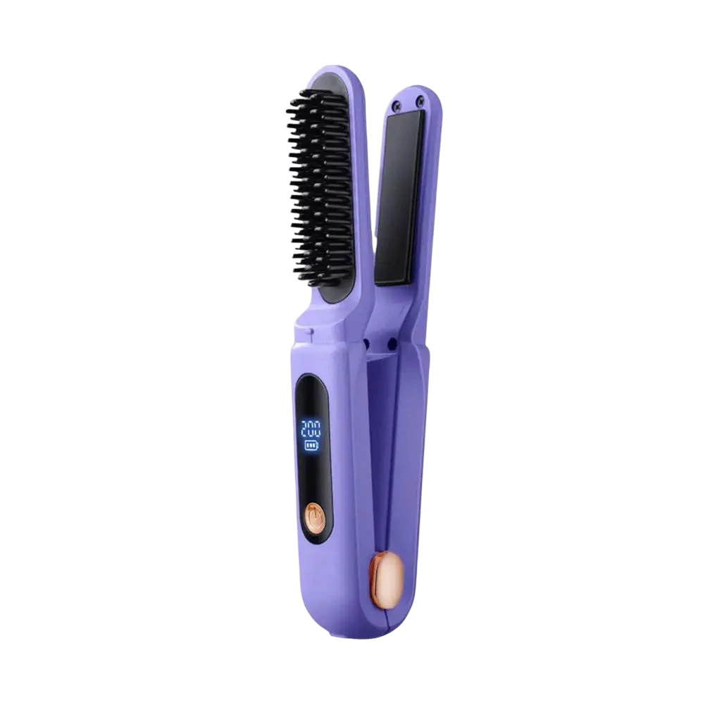 Lisseur cheveux sans fil 2-en-1 avec brosse et écran température réglable - Violet