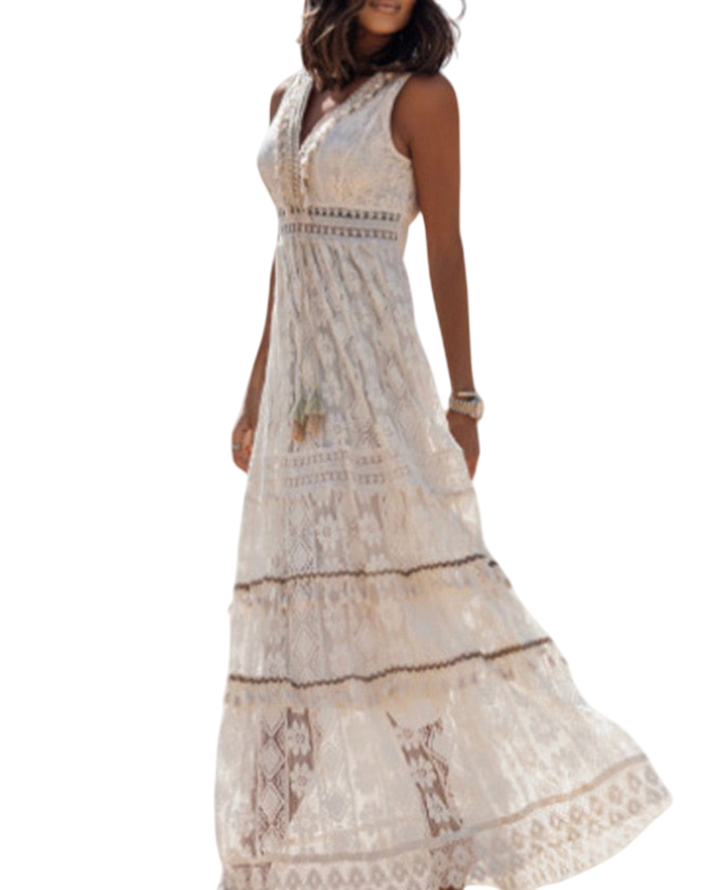 Livia - Robe Longue Brodée Sans Manches à Motifs Uniques