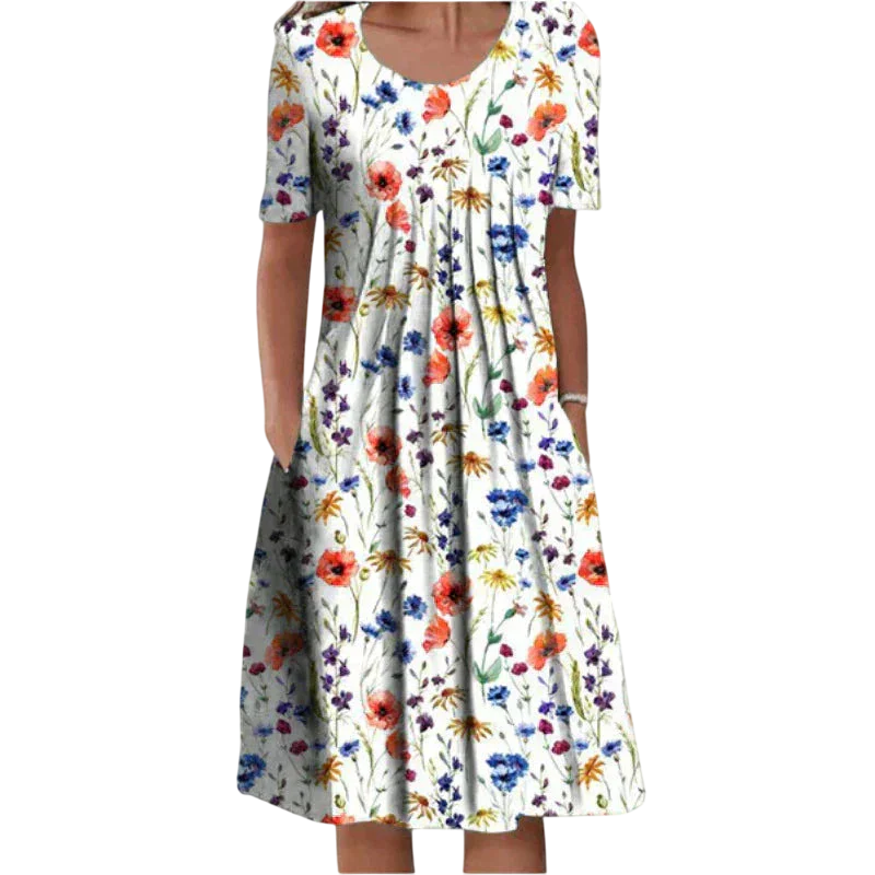 Océane - Robe Mi-longue Évasée Col Rond Motif Géométrique Manches Courtes Avec Poches - Blanc-rouge / S