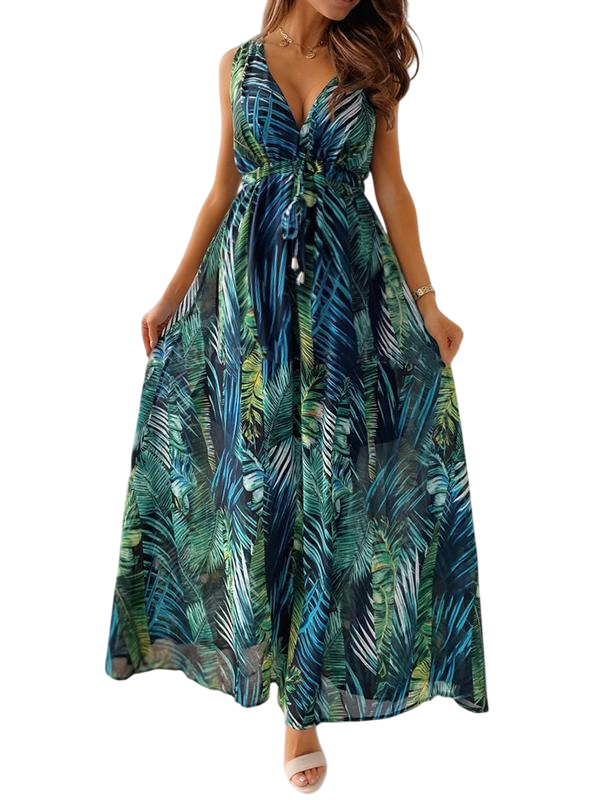 Palme d’Été - Robe Longue Sans Manches à Motif Tropical Femme - Vert / S