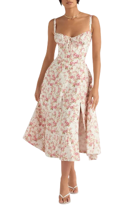 Printania - Robe d’Été à Bretelles Motif Floral Laçage Fente Avant Évasée