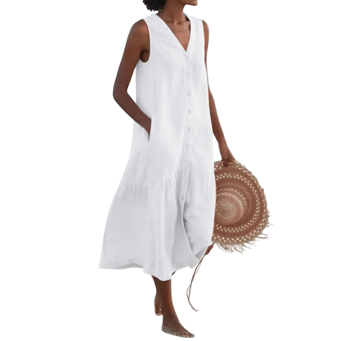 Promenade Sereine - Robe Longue Sans Manches Col V Boutonnée Froncée avec Poches d’Été - Blanc / S