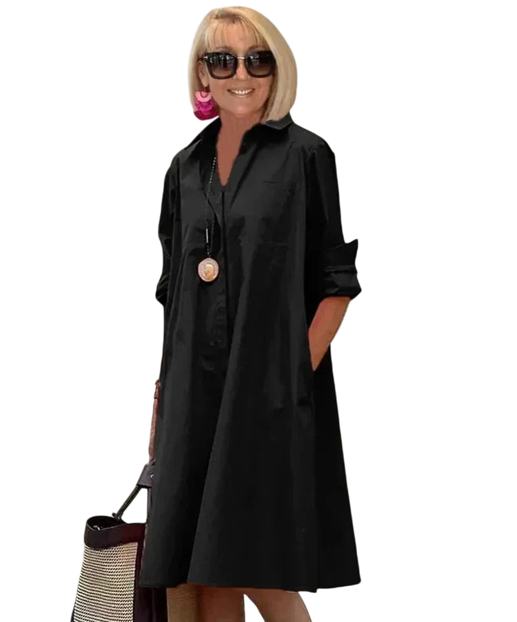 Rosalie - Robe Chemise Ample Manches Longues à Poches Robe - Noir / S