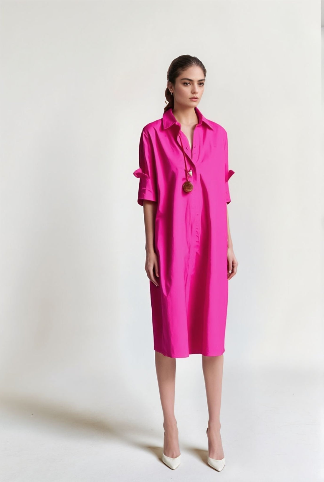 Rosalie - Robe Chemise Ample Manches Longues à Poches Robe - Rose / S