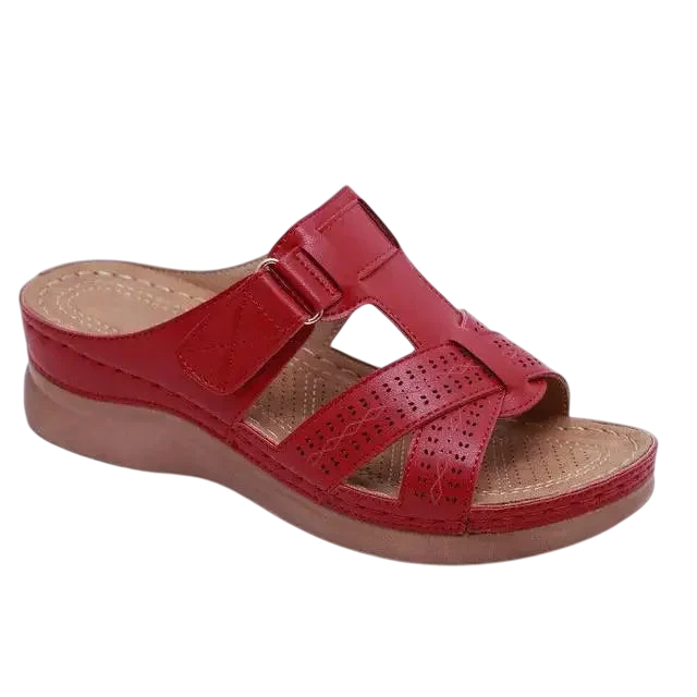 Sandale mule avec lanières perforées et boucle décorative - Rouge vin / 37