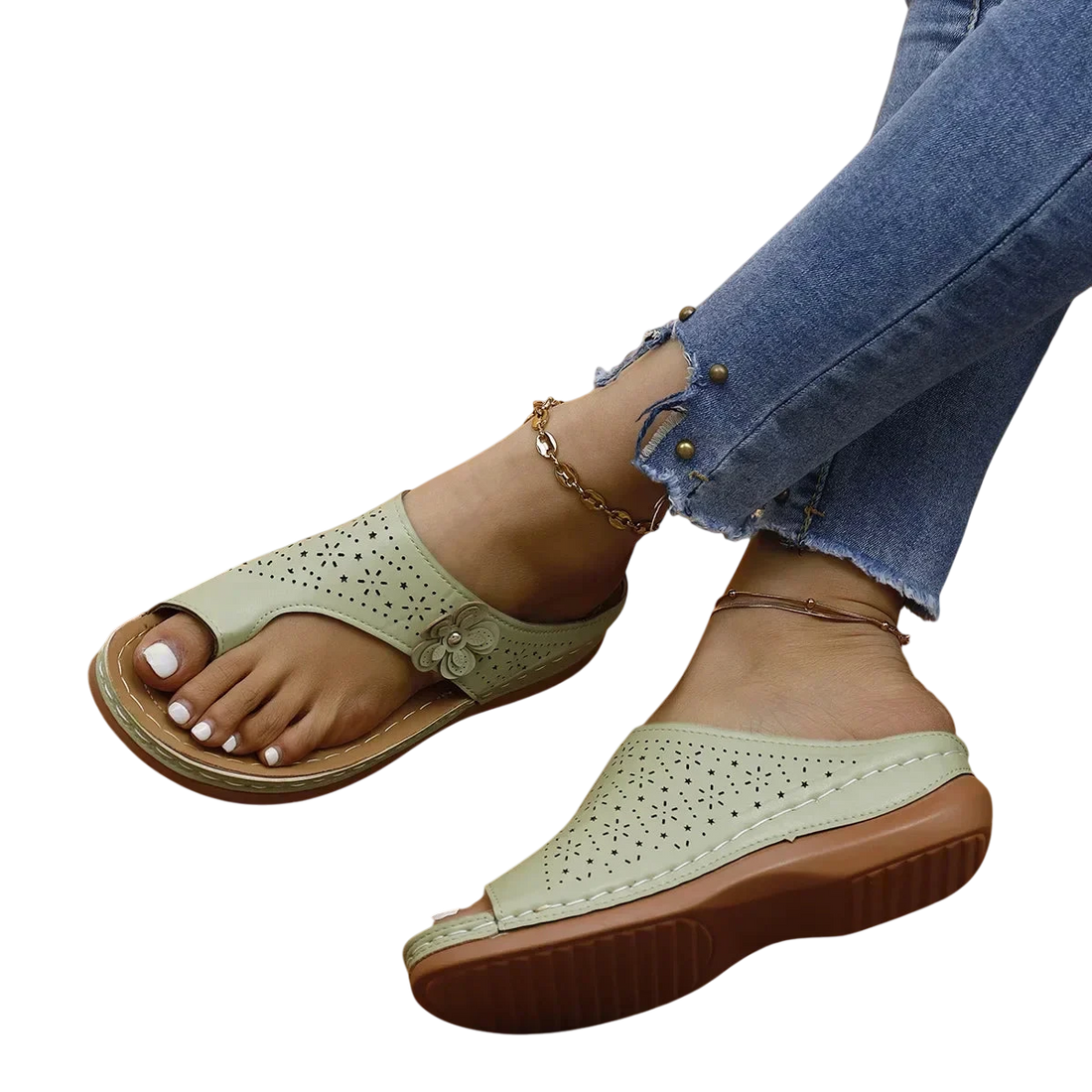 Sandales femme confort à motifs floraux perforés - vert / 35