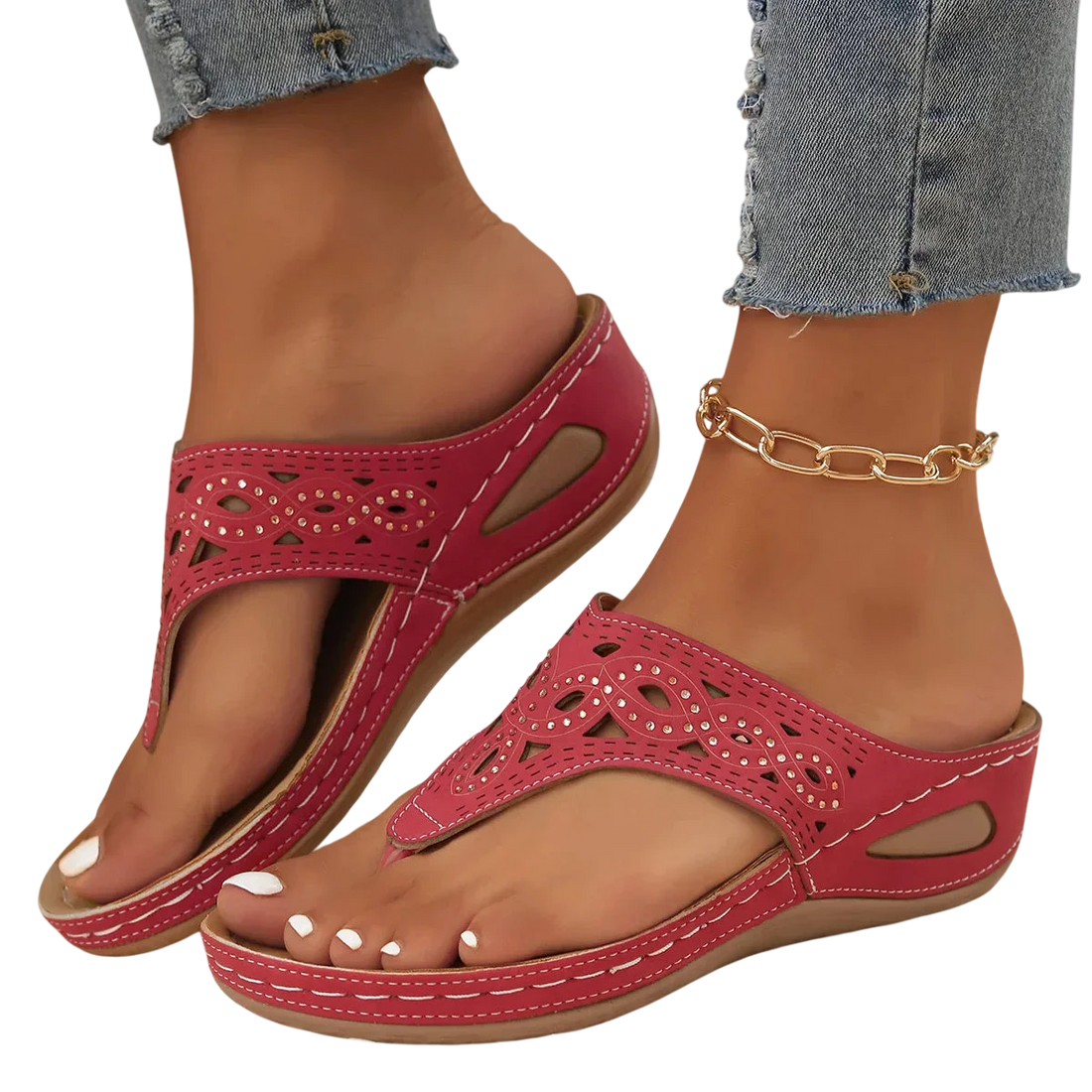 Sandales femme style tongs bride perforée semelle surélevée design épuré - Rouge / 36