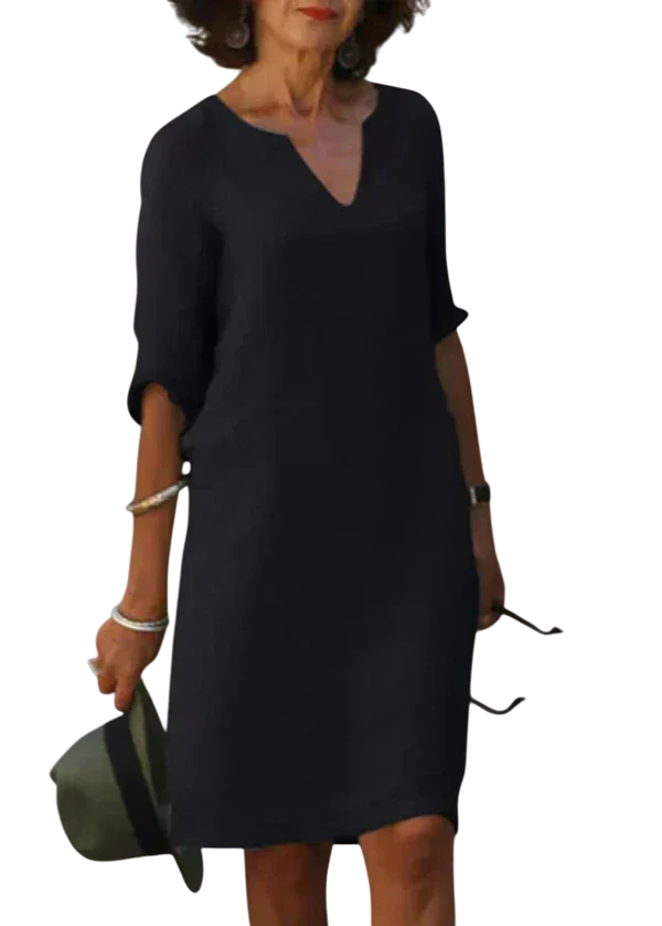 Sophie - Robe Unie Décolleté V Manches 3/4 Coupe Droite au-dessus du Genou Robe - Noir / S
